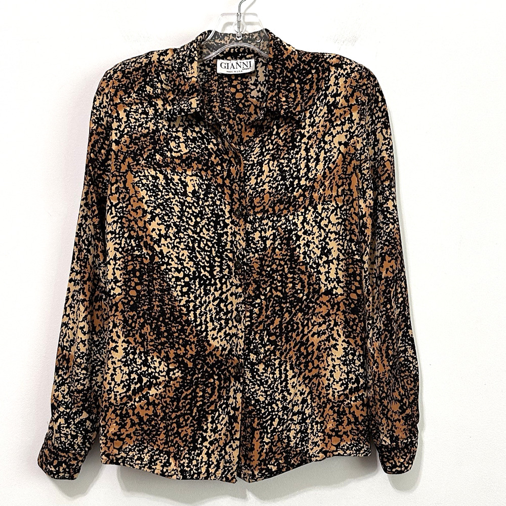 Gianni Sport Blouse 6 Long Sleeve Animal Brown Shoulder Pads Work Party Cocktail